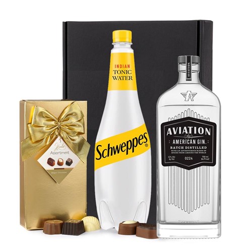 Aviation American Gin 70cl with Schweppes Tonic & Chocolates Gift Box | Spirit Mixer Set